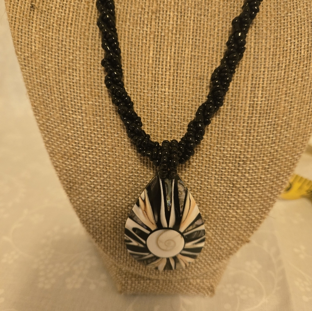 Black Beaded Shell Teardrop Necklace - Elegant Women’s Jewelry